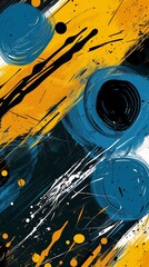 yellow blue background circles inspiring brush disconnected shapes splattered tar blacks blues fined dynamic splashes round cropped glyphs