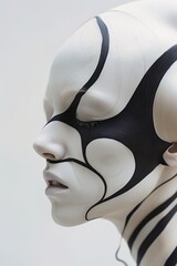 closeup person face paint porcelain cyborg ash suit sculptural portrait nordic girl embodiment concept organic shapes jacket side profile warped flesh