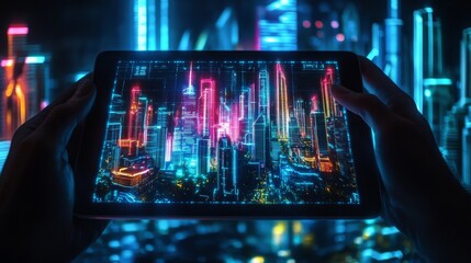 Sticker - A person holds a tablet showcasing a digitally  cityscape with vibrant neon lights, symbolizing technology, urban life, progress, future, and digital art.