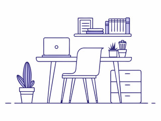 Wall Mural - single line drawing of chair and desk with modern computer, stack of books and potted plant, working from home concept line art vector illustration
