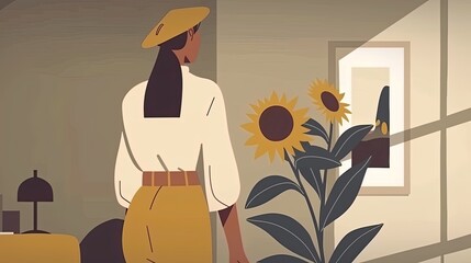 Wall Mural - A girl holding sunflowers, wearing a white blouse and yellow skirt 