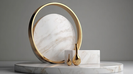 Poster - White marble pedestal with gold in the studio room, mockup stand for presentation.