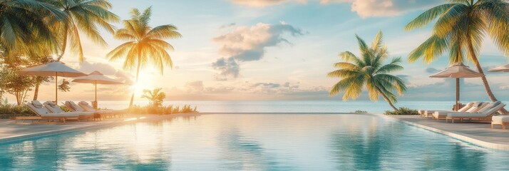 Poster - A serene scene of a resort with a sparkling pool overlooking the calm ocean at sunset, surrounded by lush palm trees and white umbrellas.