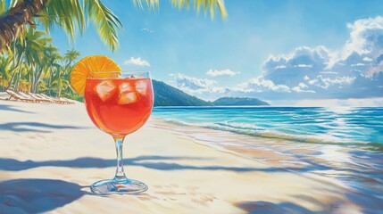 Poster - A refreshing cocktail with ice cubes on a white sand beach with palm trees and ocean in the background.  This symbolizes vacation, relaxation, escape,  paradise and summer.