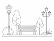 © Ouahdou - continuous single line drawing of bench and lantern in public park, line art vector illustration