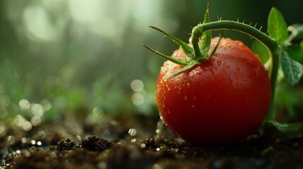 Wall Mural - A single ripe red tomato rests on a bed of rich brown soil, still attached to its vine, glistening with dew drops. This image symbolizes freshness, abundance, natural growth