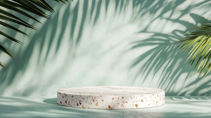 Poster - modern display platform with terrazzo surface surrounded by palm leaf shadows against a mint-green b