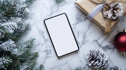 Poster - A smartphone with a blank screen lies on a marble surface surrounded by snowy pine branches, a wrapped gift, and a red Christmas ornament, symbolizing online shopping, Christmas gifts