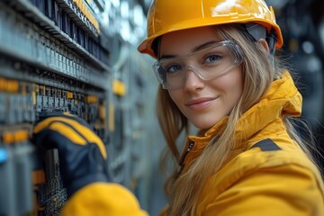 female electrician installing switchboard confident pose tools in hand modern electrical equipment