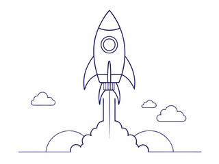 continuous single line drawing of rocket spaceship takeoff, rocket launch line art vector illustrati