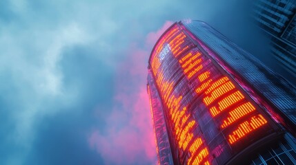 Sticker - A towering skyscraper with a futuristic design is illuminated with vibrant neon lights, creating a captivating contrast against the dark night sky, symbolizing progress, innovation