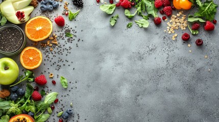 Poster - A vibrant display of fresh fruits and vegetables, including oranges, apples, raspberries, and greens, arranged around the edge of a gray background, symbolizing healthy eating, natural goodness