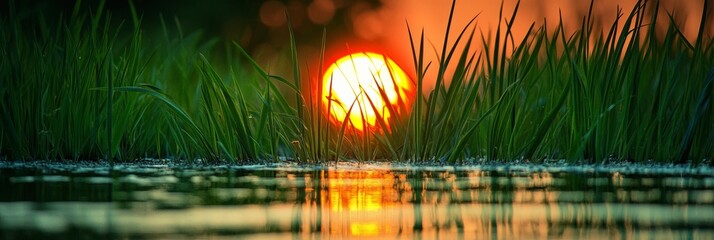 Wall Mural - A vibrant sunset casts its warm glow over a still pond, reflected in the water. Lush green grass frames the scene, creating a sense of peace and tranquility.