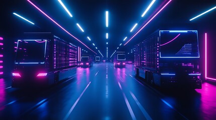 Poster - Futuristic autonomous logistics network with AI-driven delivery systems and holographic tracking interfaces