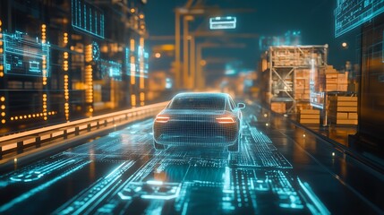Poster - Futuristic autonomous logistics network with AI-driven delivery systems and holographic tracking interfaces