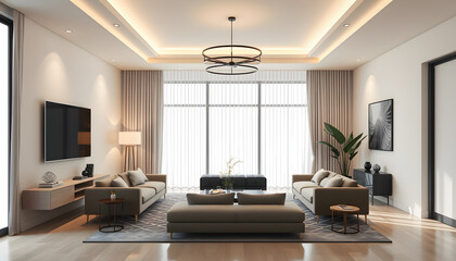 Sticker - 3d image rendering footage contemporary interior modern design. Stylish interior isolated with white highlights, png