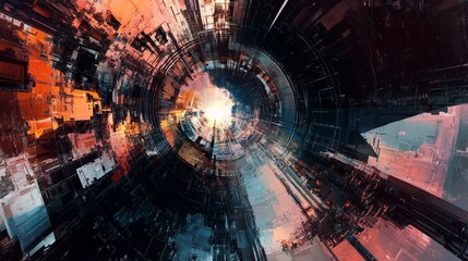 Poster - Abstract digital art depicting a vibrant tunnel of colors with futuristic elements and a bright center, created in a modern style