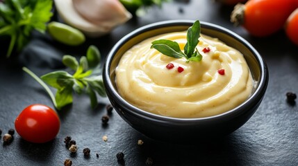 Wall Mural - Aioli sauce, a classic French condiment, is made with garlic, olive oil, and egg yolks. This creamy and flavorful sauce is perfect for dipping vegetables, bread, or meat.