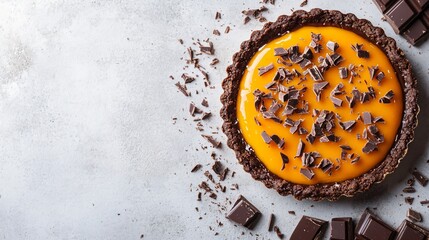 Wall Mural - A glossy chocolate tart with a vibrant orange glaze, placed on a light gray concrete surface, with a few chocolate shavings scattered around