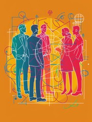 Poster - Four business professionals stand in a circle, with their silhouettes outlined in bright colors. They are surrounded by geometric shapes and arrows, symbolizing teamwork, innovation