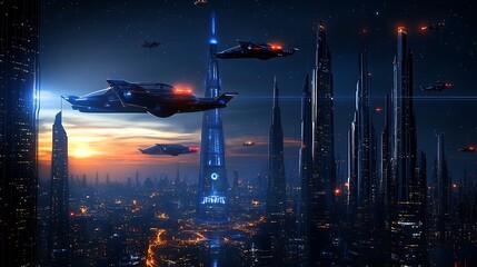 Poster - futuristic city skyline with autonomous flying vehicles and ai-driven traffic management