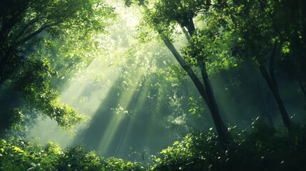 Poster - Sunbeams pierce through a dense canopy of green leaves, illuminating the forest floor with a soft, ethereal glow. The image evokes feelings of peace, serenity, and connection to nature.