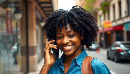 Wall Mural - Young african american woman with curly hair listening to a voice message on her phone while smiling in an urban street setting, wearing a blue shirt outdoors in the city isolated with white highlig