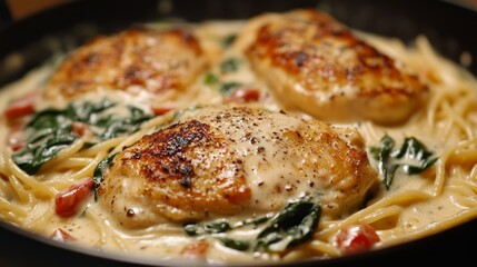 Poster - This dish is a delicious and easy-to-make meal that features tender chicken, creamy sauce, spinach, and pasta. It is a healthy and satisfying option for dinner or lunch.