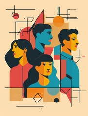 Canvas Print - This illustration represents a diverse group of individuals coming together in a collaborative environment. The geometric shapes symbolize the structured and organized nature of teamwork