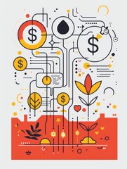 Poster - This illustration symbolizes growth, investment, and financial success with abstract elements representing money, growth, and a network of connections.