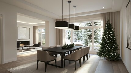 Poster - A large, modern dining room with a black table and chairs, a fireplace, and a Christmas tree