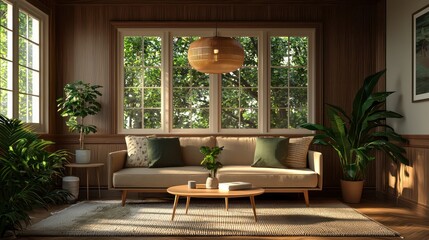 Poster - A living room with a couch, coffee table, and potted plants. The room is bright and inviting, with sunlight streaming in through the windows. The potted plants add a touch of greenery