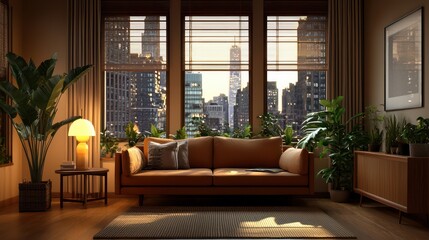 Poster - A living room with a brown couch, a lamp, and a potted plant. The room has a cozy and inviting atmosphere