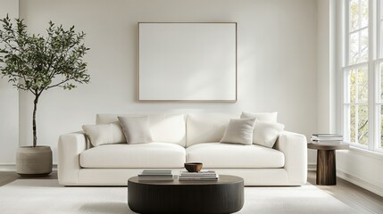 Poster - A white couch sits in front of a large white wall with a picture frame. A potted tree is in the corner of the room