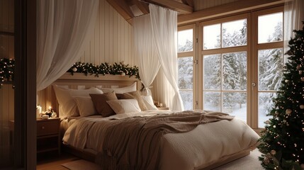 Poster - A bedroom with a white bed and a Christmas tree in the corner. The curtains are white and the room is decorated with Christmas lights