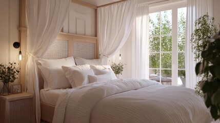 Poster - A white bedroom with a canopy bed and a window. There are two potted plants in the room, one on the left and one on the right