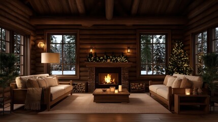 Poster - A cozy living room with a fireplace and a Christmas tree. The room is filled with wooden furniture and has a warm, inviting atmosphere