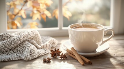 Aufkleber - A white coffee cup with cinnamon sticks and a white cloth on a wooden table. Concept of warmth and comfort, as the cup of coffee and the cinnamon sticks are associated with cozy and relaxing moments