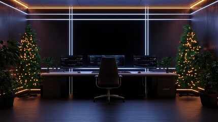 Poster - A dark room with a Christmas tree and a black desk with a chair. The room is lit with neon lights