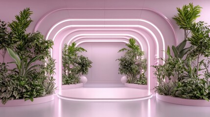 A pink room with a green plant in the middle. The room is designed to look like a tropical forest