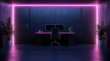 Poster - A neon green room with a black desk and chair. The room is empty and has a futuristic feel to it