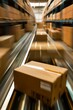 © Cary - boxes moving down conveyor belt warehouse speed blur zoom out multiple layers ships offhand fast paced still package long west features cube