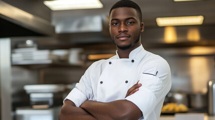 Close-up of a male restaurant chef standing in his kitchen