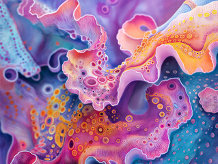 Wall Mural - A painting of a colorful sea creature with a purple and orange swirl. The painting is full of bright colors and has a dreamy, whimsical feel to it