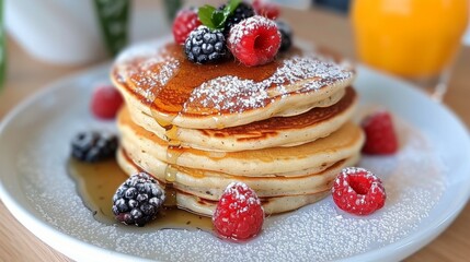 Wall Mural - Fluffy Pancakes Topped With Berries and Maple Syrup at Breakfast Table