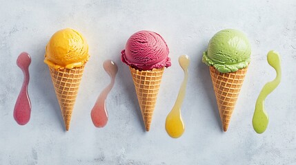 Wall Mural - A trio of colorful gelato scoops in a waffle cone, placed on a light gray concrete surface, with a few drips melting onto the matte finish