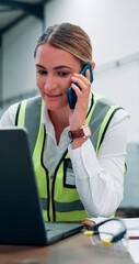 Poster - Woman, employee and phone call with laptop at warehouse for communication and connection. Female person, engineer and administration with supply chain, quality control and order in trade industry