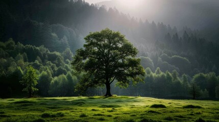 Canvas Print - Majestic Tree Silhouette Amidst Lush Green Forest at Dawn