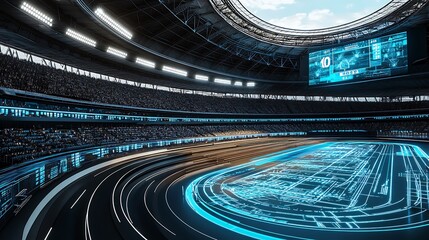 Poster - Futuristic sports arena with holographic displays and AI analytics
