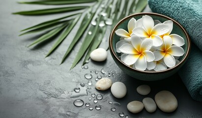 Banner for an online spa service featuring white frangipani flowers in water, towels and leaves alongside it. The background is a dark blue with gold bokeh creating a tranquil and aroma atmosphere